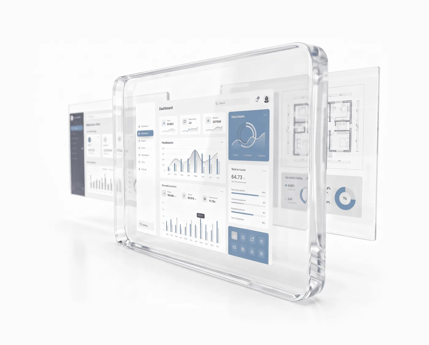 Glass dashboard panels, an illustration of custom software built by Bellosoft
